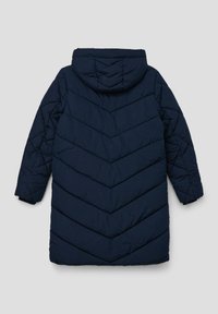 Cappotto puffer blu navy con un design a rombi, cappuccio e maniche lunghe. Presenta una parte esterna resistente all'acqua e polsini elasticizzati.