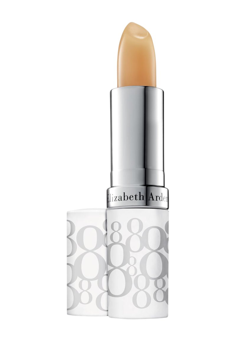 Lipstick in een zilveren en witte behuizing, met een kogelvorm en een glanzende nude tint. De huls heeft een herhalend "08" patroon.