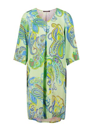 Light green kaftan featuring a paisley pattern in blue, yellow, and brown. V-neckline, short sleeves, and a loose fit. Soft fabric texture.