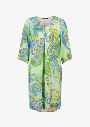 Light green kaftan featuring a paisley pattern in blue, yellow, and brown. V-neckline, short sleeves, and a loose fit. Soft fabric texture.