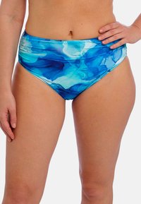 Plavkové kalhotky s vysokým pasem v modrém gradientu s abstraktními vzory. Vyrobeno z elastického, lehkého materiálu. Nabízí hladký povrch.