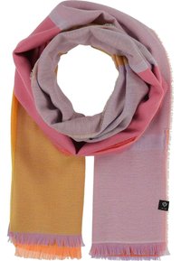 Écharpe douce en tissu tissé aux nuances de rose, lavande et moutarde, avec des bords à franges et une petite étiquette de marque noire.