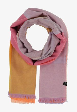 Écharpe douce en tissu tissé aux nuances de rose, lavande et moutarde, avec des bords à franges et une petite étiquette de marque noire.