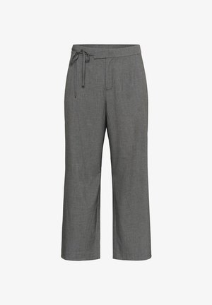 Szare spodnie o szerokich nogawkach z delikatnym wzorem w prążki, wysoki stan oraz zdobienie w postaci przewiązanego pasku ze sznurkiem w talii.