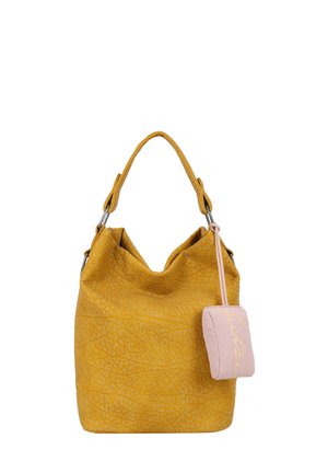 Yellow textured leather shoulder bag with a single strap and a small attached pink fabric pouch with cursive text.