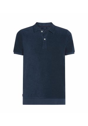 Navy blue short-sleeve polo shirt in soft textured fabric, featuring a two-button collar and a solid color, with a straight hemline.