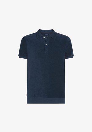 Polo à manches courtes bleu marine en tissu doux texturé, doté d'un col à deux boutons et d'une couleur unie, avec un ourlet droit.