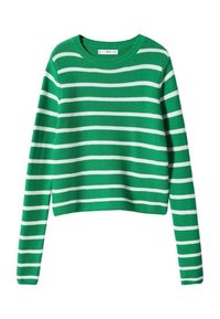 Pull vert tricoté avec des rayures blanches horizontales, manches longues et col rond.