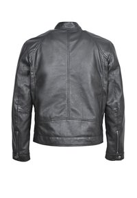 Svart skinnjacka med en slim fit-design, som har hög krage, dragkedjeslutningar och vertikal sömdekoration på baksidan.