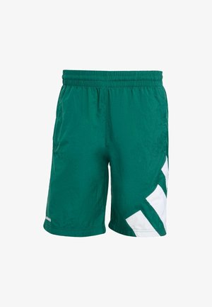 Vihreät uimashortsit, joissa valkoiset vinoon kulkevat raidat, joustava vyötärönauha ja teksturoitu kangas. Polvipituinen ja rento istuvuus.