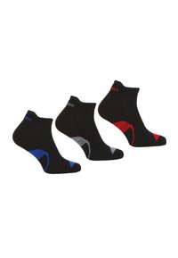 Chaussettes noires à la cheville avec des pointes colorées : bleu, gris et rouge. Fabriquées en tissu doux, elles possèdent une texture ribbée et des panneaux ventilés pour la respirabilité.