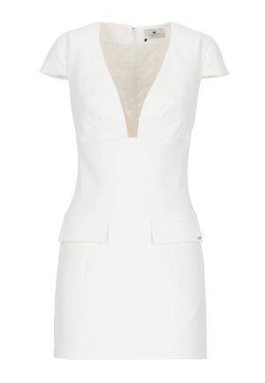 Vestito mini bianco a maniche corte con scollo a V profondo, tasche con pattina frontali e vita aderente, con chiusura posteriore a zip.