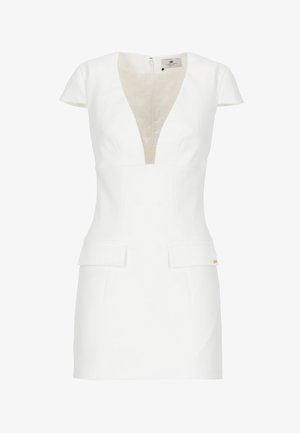 Vestito mini bianco a maniche corte con scollo a V profondo, tasche con pattina frontali e vita aderente, con chiusura posteriore a zip.