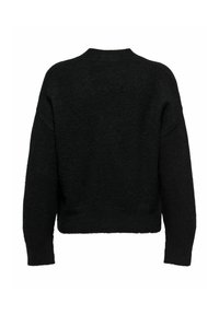 Maglione nero lavorato a maglia con scollatura rotonda, spalle scese, maniche lunghe e una finitura morbida e testurizzata. La vista posteriore mostra una vestibilità comoda.