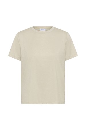 Tričko s krátkým rukávem a kulatým výstřihem v jemné béžové barvě s nenápadným leskem. Vyrobeno z měkkého materiálu, má volný střih a rovný lem.