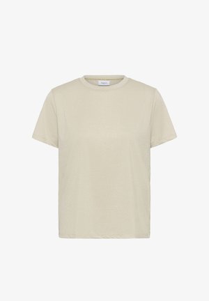 Kortærmet t-shirt med rund hals i lysebeige med en subtil glans. Lavet af blødt stof, har en afslappet pasform og lige kant.