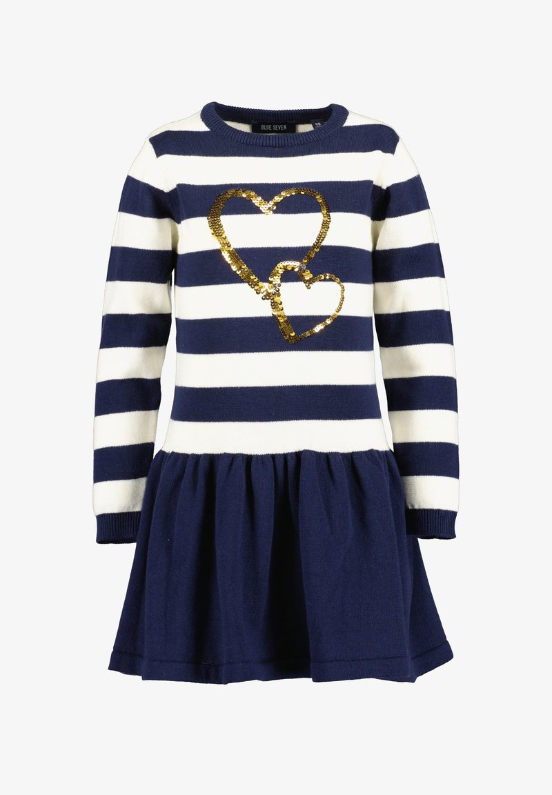 Robe rayée bleu marine et blanche à manches longues avec un double cœur doré en sequins sur la poitrine et une jupe évasée bleu marine uni.