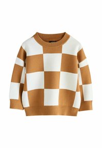 Braun- und weißes Karomuster-Pullover mit Rundhalsausschnitt sowie gerippten Bündchen und Saum, aus weichem Strickmaterial gefertigt.