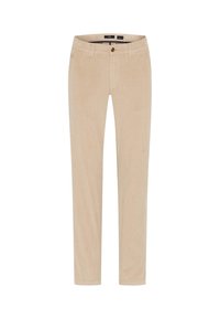 Pantaloni in corda beige con vestibilità dritta. Presentano una chiusura anteriore con bottone, passanti per cintura e cuciture a contrasto. Texture morbida.