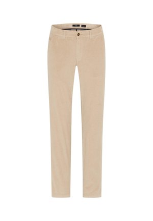 Beige Kordhosen mit geradem Schnitt. Mit einem vorderen Knopfverschluss, Gürtelschlaufen und kontrastierenden Nähten. Glatte Textur.