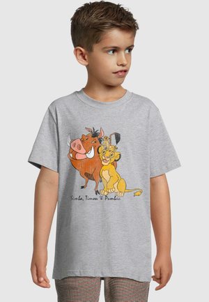 Harmaa puuvillapaita, jossa on graafinen printti kolmesta sarjakuvahahmosta: Simba, Timon ja Pumbaa. Lyhyet hihat ja pyöreä kaula-aukko.