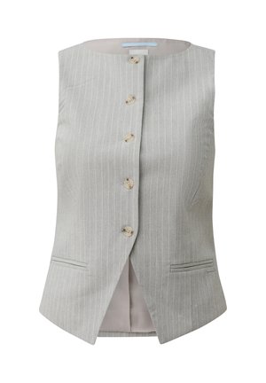 Mouwloos lichtgrijs vest met krijtstreep, voorzien van vijf beige knopen aan de voorkant en twee horizontale steekzakken ter hoogte van de taille.