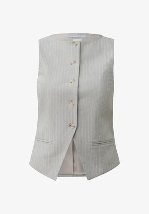 Mouwloos lichtgrijs vest met krijtstreep, voorzien van vijf beige knopen aan de voorkant en twee horizontale steekzakken ter hoogte van de taille.