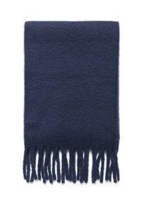 Écharpe en laine bleu marine fabriquée dans un matériau doux et texturé, avec des bords frangés. Forme rectangulaire et design uniforme sans motifs.