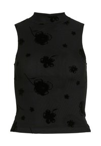 Svart ärmlös topp med hög hals, som har ett strukturerat blommönster i svart sammet. Slät tyg med figurnära silhuett.