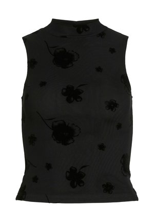 Juodas be rankovių viršus su aukštu kaklu, turintis tekstūruotą gėlių raštą juodame aksome. Lygus audinys su prigludusia siluetu.