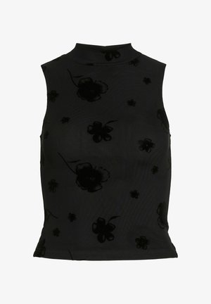 Juodas be rankovių viršus su aukštu kaklu, turintis tekstūruotą gėlių raštą juodame aksome. Lygus audinys su prigludusia siluetu.