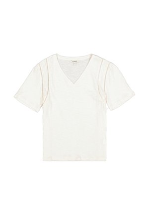 V-hals, top met korte mouwen in licht crèmekleurige, gestructureerde stof met zijdetails. Casual snit, lichtgewicht, geschikt om te combineren in laagjes.