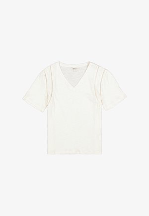 V-hals, top met korte mouwen in licht crèmekleurige, gestructureerde stof met zijdetails. Casual snit, lichtgewicht, geschikt om te combineren in laagjes.