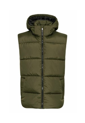 Gilet imbottito verde oliva con cappuccio, dotato di chiusura frontale con zip, due tasche laterali e una superficie liscia e trapuntata.