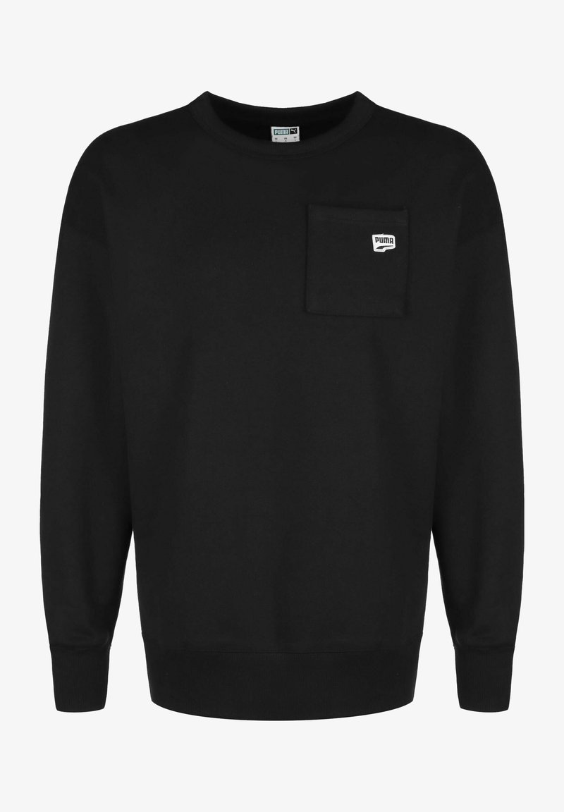 Felpa nera in cotone, con scollo rotondo, maniche lunghe, polsini a coste e una piccola tasca sul petto con logo.