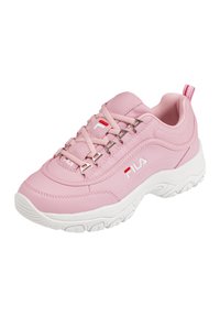 Pink synthetic sneaker with a textured surface, white sole, silver eyelets, and Fila logo in red and white on the side.