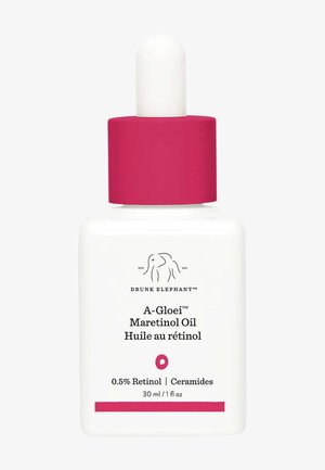 White glass dropper bottle with a pink matte cap. Label states "A-Gloei™ Maretinol Oil" and includes details about retinol concentration.