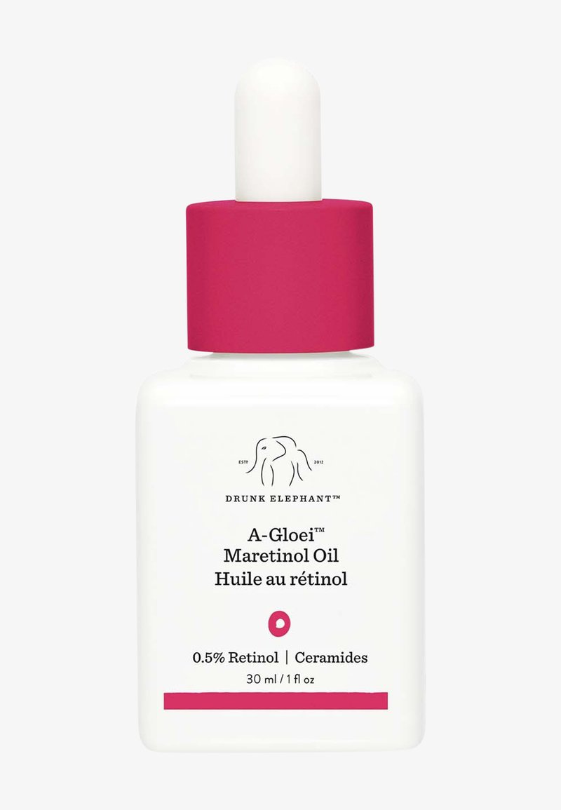 Weißes Glas-Tropffläschchen mit pinkem, mattem Deckel. Das Etikett trägt die Aufschrift "A-Gloei™ Maretinol-Öl" und enthält Informationen zur Retinolkonzentration.