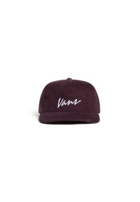 Fioletowa czapka z kieszonki z białym haftowanym logo "Vans" z przodu i płaskim daszkiem. Teksturowany materiał z widocznymi żeberkami.