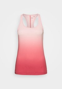 Tank top with a racerback design, featuring a gradient from light pink to dark pink, made of soft cotton material with a smooth texture.