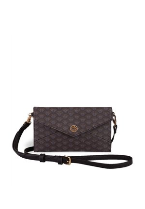 Dark patterned clutch with an envelope design. Features gold hardware and a detachable strap. Textured material with a geometric pattern.