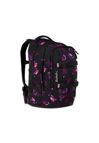 Sac à dos noir avec un motif floral dans des teintes de rose et de violet, doté d'un dos rembourré, de bretelles réglables et de plusieurs compartiments.
