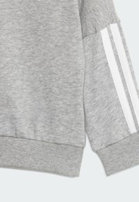 Grå sweatshirt med ribbat nederkant och ärmslut, med tre vita ränder längs ärmen. Slät textur och avslappnad passform.