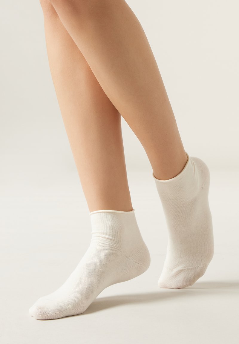 Calcetines blancos de tobillo hechos de una tela suave, con un ajuste ceñido y textura acanalada en la parte superior, descansando sobre piernas desnudas contra un fondo neutro.