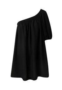 Zwarte, off-the-shoulder jurk met een gathered elastische halslijn, korte pofmouwen en een vloeiende silhouet. Gemaakt van zachte, lichte stof.