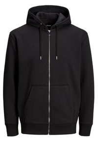 Svart zip-up hoodie med dragkedja, huvtröja med snörning, framfickor och ribbade ärmslut. Tillverkad av mjukt tyg med en slät yta.