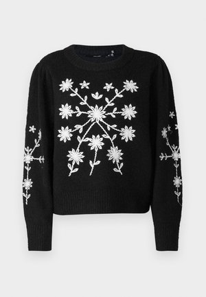 Schwarzer Pullover mit langen Ärmeln, Rundhalsausschnitt, der auf der Vorderseite und den Ärmeln mit weißen floralem Stickerei in unterschiedlichen Größen verziert ist. Weicher Stoff.