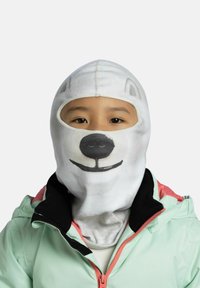 White balaclava with a polar bear face design; features black nose and mouth. Worn with a light green jacket showcasing a black collar.