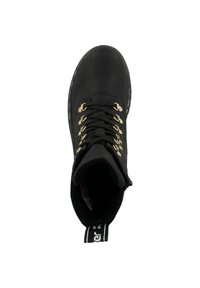 Black leather boot with gold metal hardware, round toe, lace-up front, and a soft interior lining. Features a pull tab on the back.