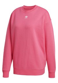 Růžová mikina z bavlněné směsi, s kulatým výstřihem, žebrovanými manžetami a malým bílým logem Adidas na hrudi. Jednoduchý design.
